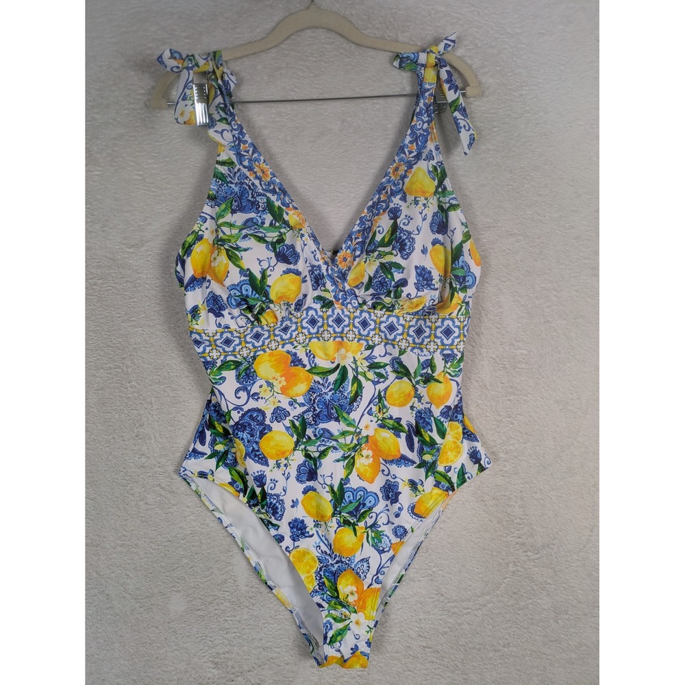 SHEIN One Piece Swimsuit Women's 1XL White Blue Lemon Print Tie Shoulder Boho
